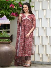 Β Brown Georgette Printed Nyra Cut Kurta Set