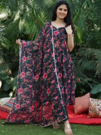 Flower Printed Green Georgette kurta set