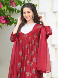 Red Rayon Printed Nyra Cut Kurta Set