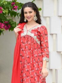 Red Embroidery abstract design kurta set with dupatta
