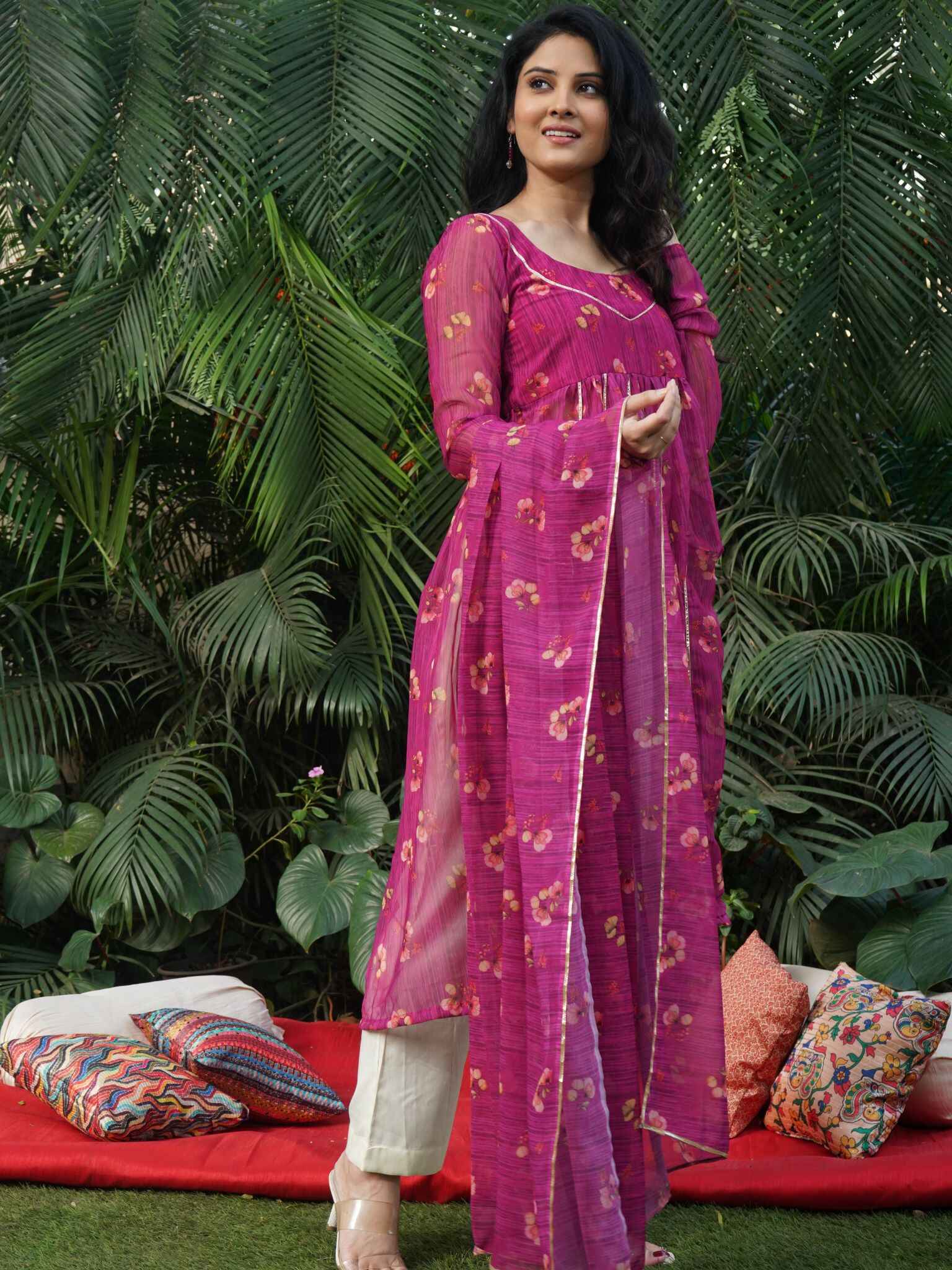 Pink floral pattern with printed dupatta