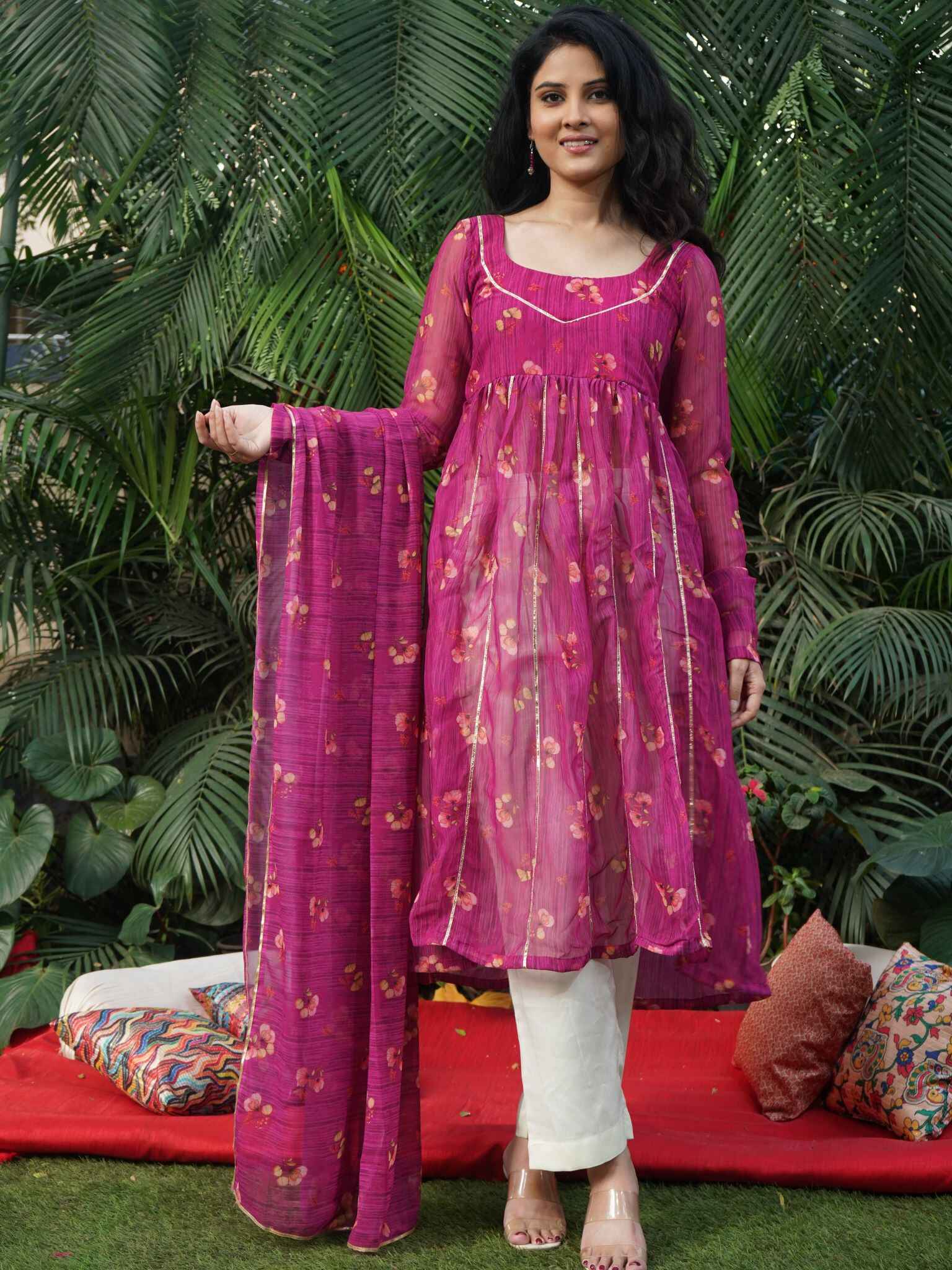 Pink floral pattern with printed dupatta - Image 2